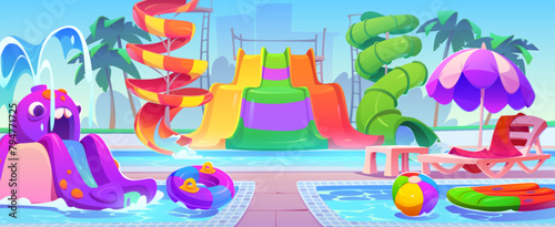 Summer waterpark with water pools and slides. Cartoon vector illustration of amusement aquapark with bright waterslide, inflatable balls and rings, lounge chair under umbrella and palm trees. © klyaksun