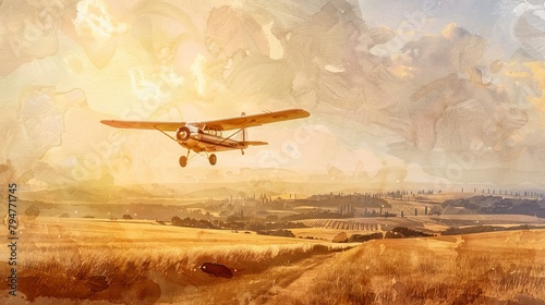 A vintage 1970 airplane soaring over the golden fields of Tuscany, bathed in the warm glow of a setting sun, rendered in soft watercolor tones