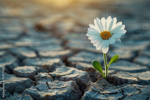 A solitary daisy sprouts from a cracked, dry earth, symbolizing resilience and the hope of new beginnings. © Eitan Baron