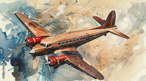 Detailed watercolor portrait of a restored 1970 vintage airplane, focusing on its unique livery and historical significance