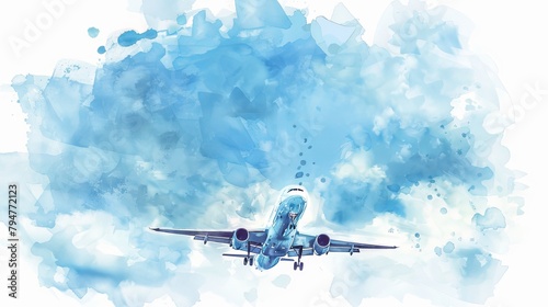 Gentle watercolor illustration depicting a newborn airplane's first flight under a clear blue sky, filled with hope and joy