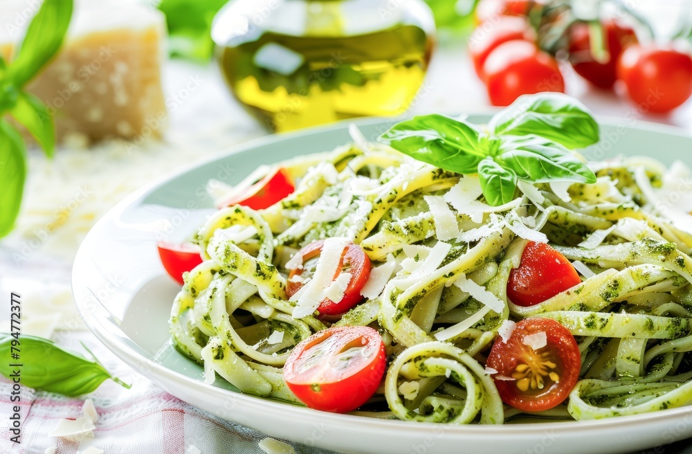 Fresh Pesto Pasta Topped With Cherry Tomatoes and Parmesan on a Bright Day