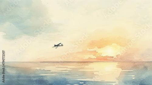 Serene watercolor scene of a toy airplane gliding over a tranquil ocean at dawn, reflecting calm and freedom, suitable for inspirational wall art photo
