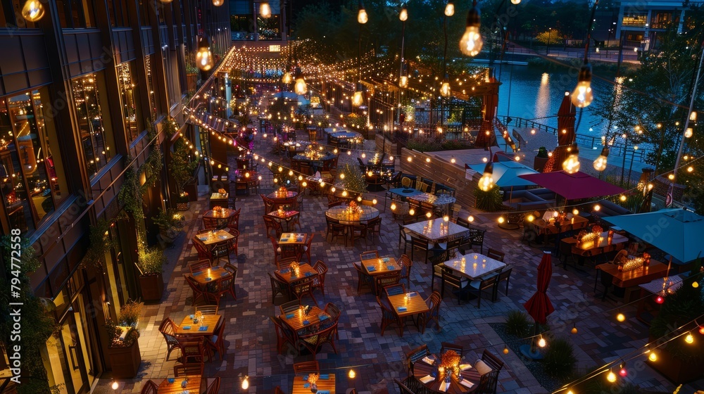 An overhead view of a restaurants expansive outdoor dining area filled with numerous tables and chairs at dusk, illuminated by colorful string lights
