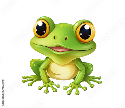 Cheerful cartoon frog with big eyes sitting and smiling. isolated on a transparent background. Generative AI