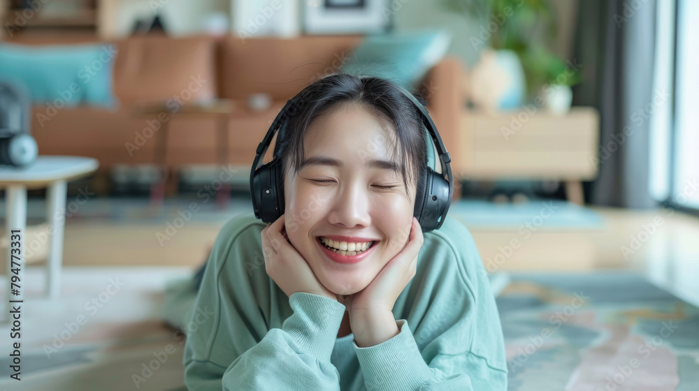 Smiling young Asian woman in pastel colors outfit wearing headphones lying on the floor in her living room enjoy listening to music with closed eyes Smiling young Asian woman in pastel colors outfit wearing headphones lying on the floor in her living room enjoy listening to music with closed eyes