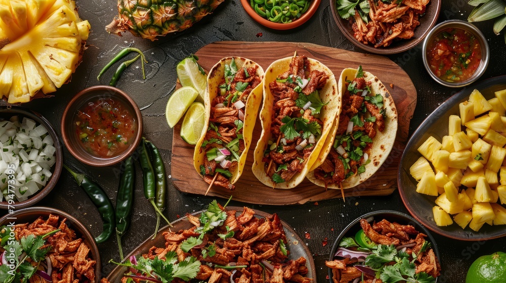 A wide-angle view of a table covered with numerous tacos al pastor topped with pineapple, captured in a high-quality studio setup