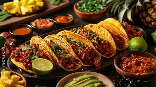 A wide-angle shot of a table adorned with an assortment of tacos, including Tacos al Pastor with pineapple, alongside other delicious foods in a high-quality studio setting