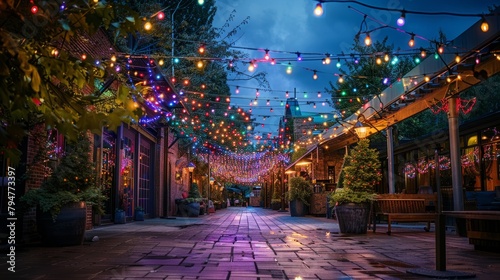 A bustling street at dusk, adorned with numerous bright and colorful string lights, creating a festive and lively atmosphere photo