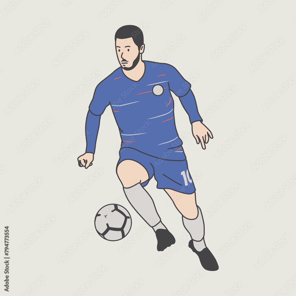 character illustration. a soccer player runs to dribble the ball with his right foot. soccer player character design
