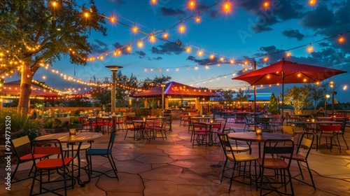 A vibrant patio scene at night with tables, umbrellas, and festive lights creating a warm ambiance for outdoor dining