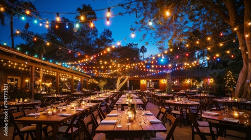 A view of a lively restaurant patio with numerous tables and chairs set up under colorful string lights, creating a festive atmosphere during dusk