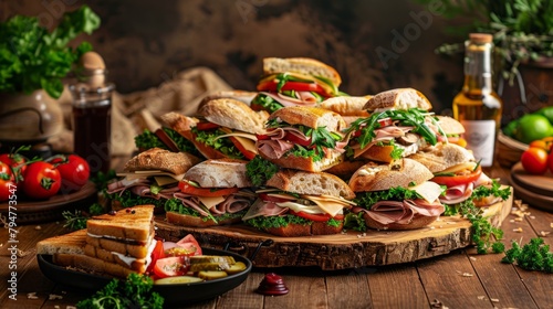 A wide-angle shot of a wooden table covered with a pile of sandwiches, showcasing abundance