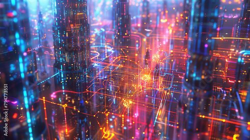 A surreal landscape where the viewer is immersed within the intricate pathways of an electrical circuit. Render the circuit components as towering structures  with currents flowing through vibrant lin