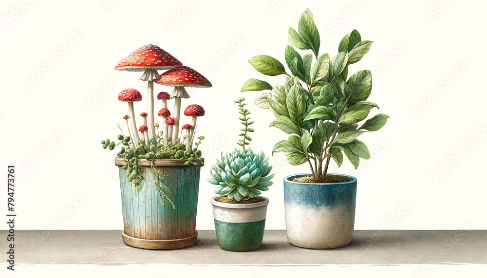 Fototapeta premium watercolor painting three potted plants side by side
