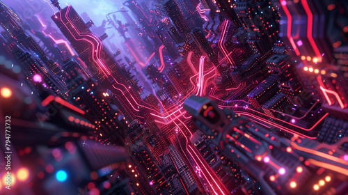 A surreal landscape where the viewer is immersed within the intricate pathways of an electrical circuit. Render the circuit components as towering structures, with currents flowing through vibrant lin photo