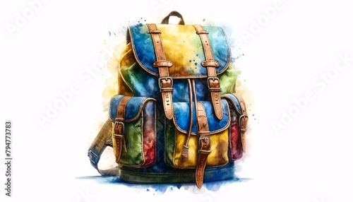 A watercolor painting of a canvas backpack with a vibrant, colorful design