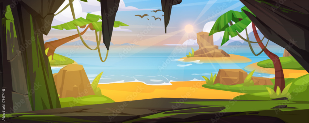 Naklejka premium View from inside of cave through hole entrance on empty sea or ocean sand beach with palm trees, green grass and rocks. Cartoon vector summer landscape with underground grotto for jungle adventure.