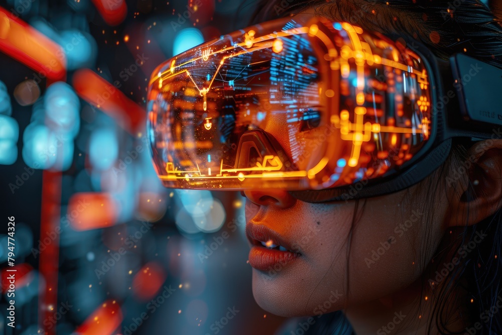 A person wearing VR glasses navigating through a 3D representation of a secure, encrypted database, with data blocks floating around A person wearing VR glasses navigating through a 3D representation of a secure, encrypted database, with data blocks floating around