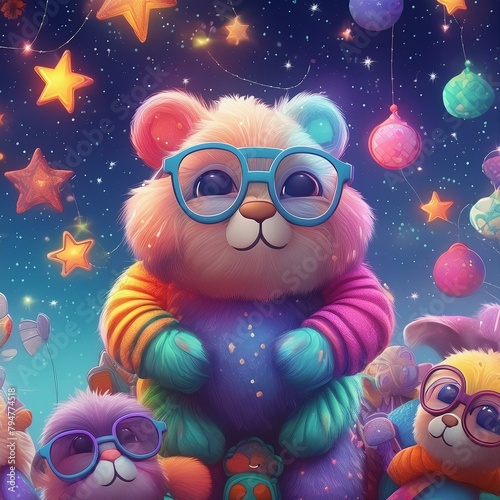 a whimsical scene of toys wearing glasses, each with its own unique style and personality, under a starlit sky." © ishfaquehussain