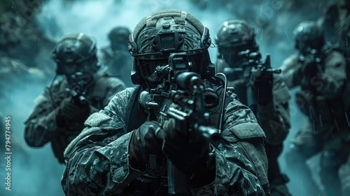 Elite special forces team in stealth gear on a night operation, utilizing augmented reality for tactical advantage photo