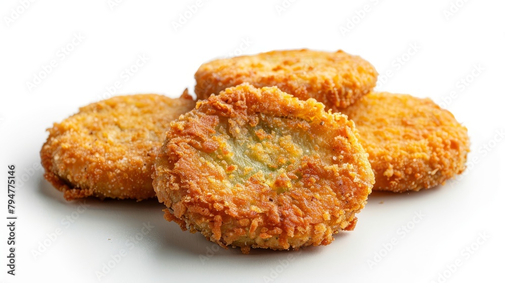 Top view of fried green tomatoes, tangy and tart, coated in cornmeal and fried until golden, isolated on a white background, studio lighting