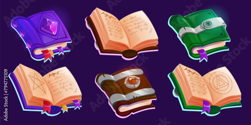 Old magic closed and open books with ancient parchment paper and fantastic hardcover. Cartoon vector illustration set of wizard and witchcraft literature. Mystery textbook for game ui design.