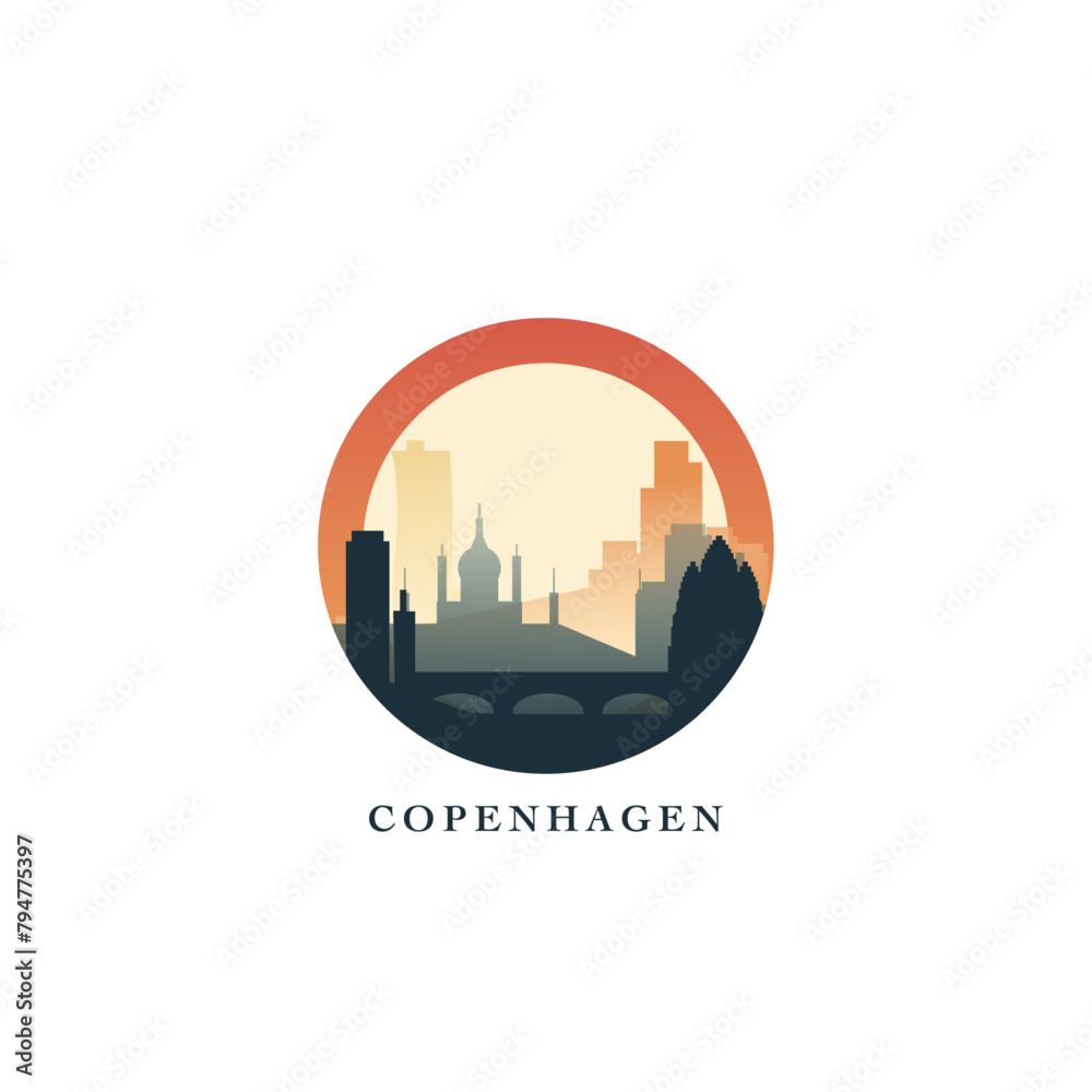 Copenhagen cityscape, gradient vector badge, flat skyline logo, icon. Denmark capital city round emblem idea with landmarks and building silhouettes. Isolated graphic