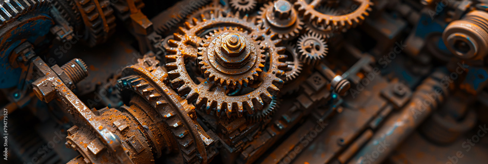 Mechanical precision in an array of steel gears. symbolizing the intricate workings of technology and time