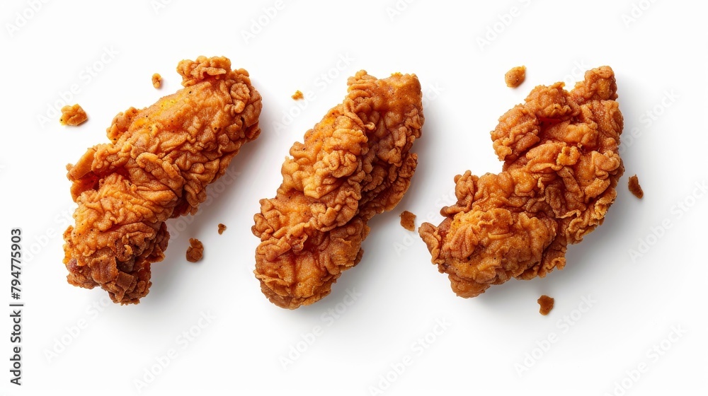 Top shot of perfectly fried chicken, crispy and golden-brown, seasoned expertly, presented on an isolated white background, studio lighting Top shot of perfectly fried chicken, crispy and golden-brown, seasoned expertly, presented on an isolated white background, studio lighting