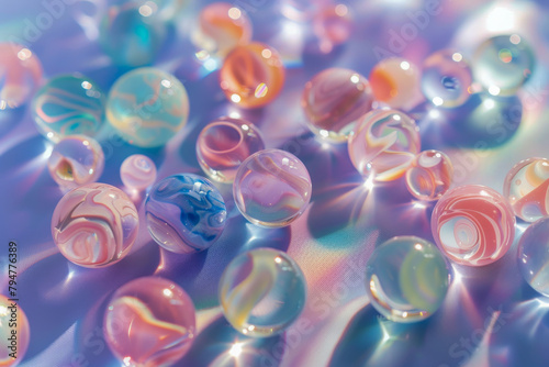 Colorful Marbles on Iridescent Surface Under Soft Lighting