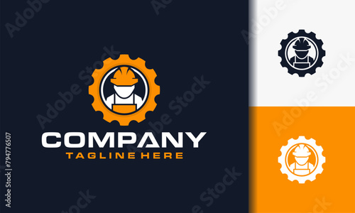 Construction worker logo with gear icon. Labor, builder, employee, hardhat concept. Simple solid style. Glyph vector design illustration 