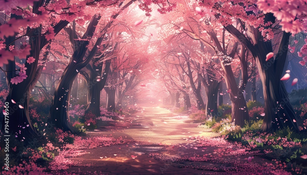 A path through a forest of cherry trees by AI generated image
