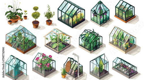 Bundle of various glass greenhouses with plants flower
