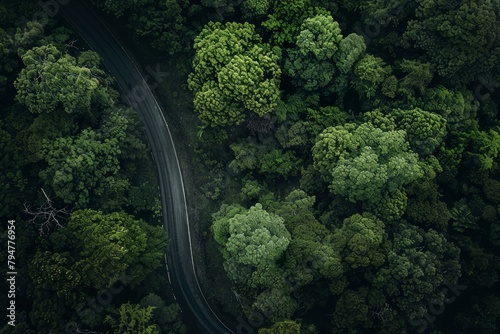 A birds eye view of a winding road cutting through a lush forest with tall trees on either side © Ilia Nesolenyi