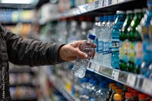 A mans hand reaching for a bottle of water in a well-organized store setting