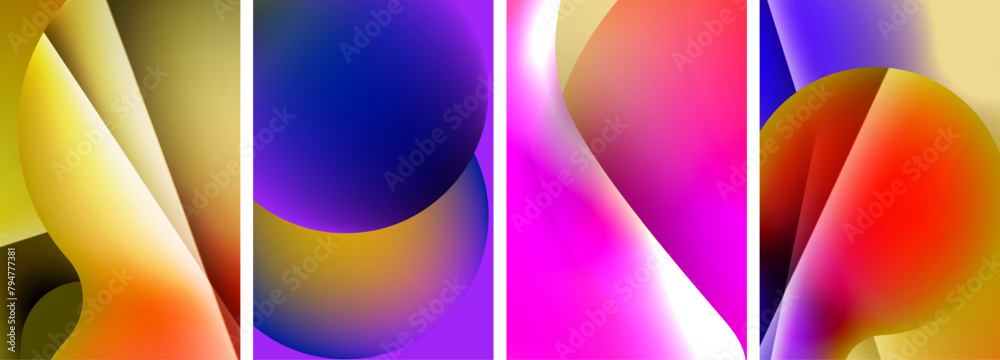 A set of four vibrant and fluid abstract backgrounds with a gradient of purple, yellow, and electric blue. The colors blend smoothly like water and gas, creating a colorful and dynamic display
