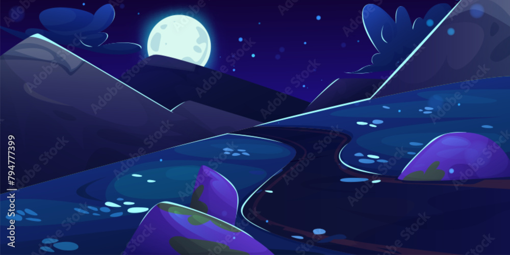 Naklejka premium Night mountain road and moon in dark sky vector background. Summer park at midnight with moonlight for spooky journey. Beautiful nature in evening perspective panorama of empty winding path design