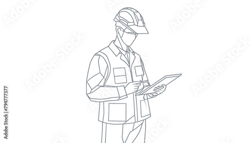 Architecture Concept: Abstract Engineer Holding Tablet in White Helmet