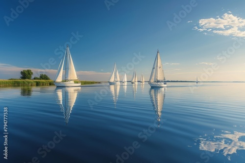 Multiple sailboats racing on a calm lake, their sails billowing in the wind, creating reflections on the waters surface