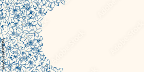 Wide banner with lilac flowers. Floral background with place for text. Blue drawing. Vector graphics.