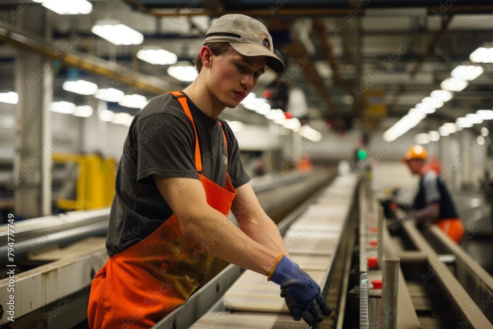 A man in an orange apron and hat is busy working on a conveyor belt in a commercial setting