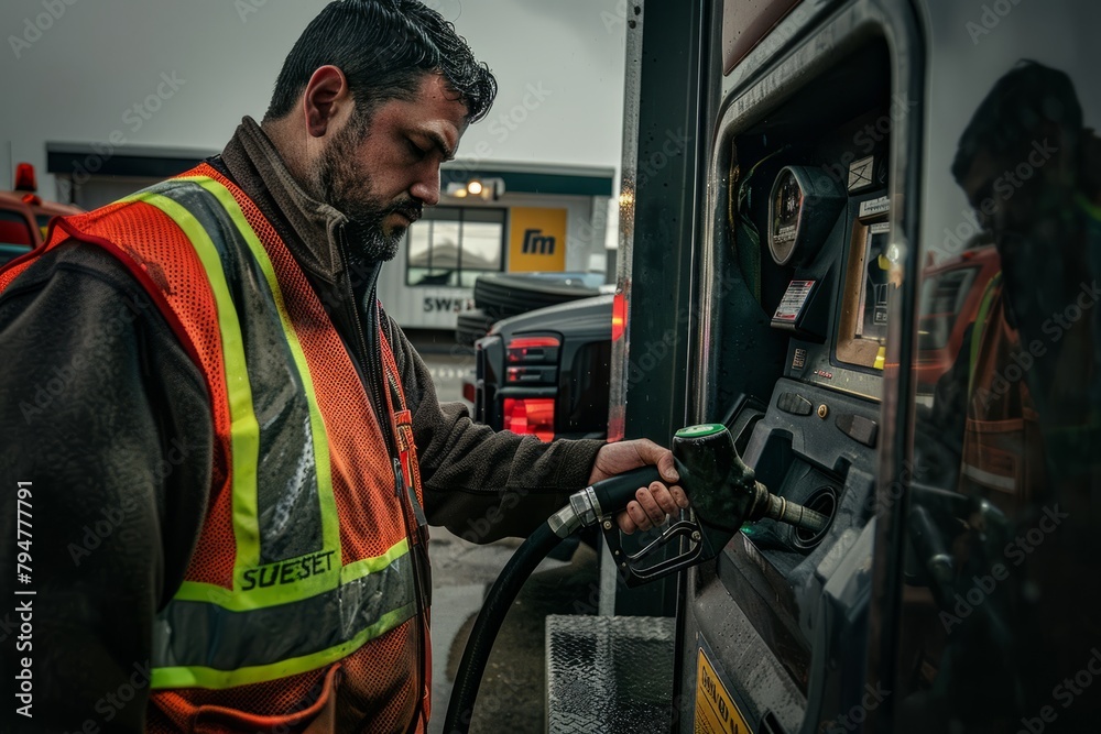 A man in a safety vest refuels a truck at a gas pump