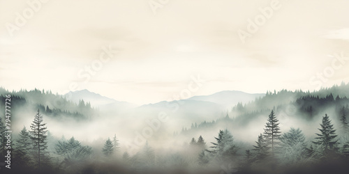 A majestic landscape painting of a serene forest nestled against towering mountains 