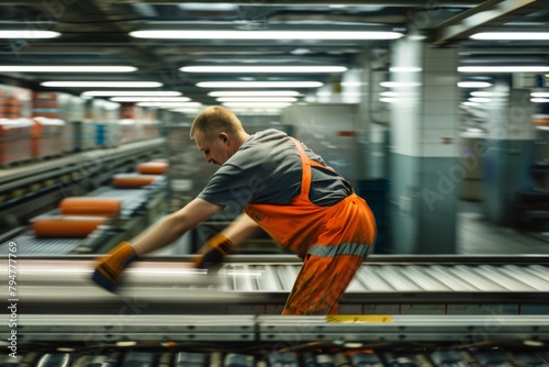 A man wearing an orange safety vest works on a conveyor belt in a busy industrial setting