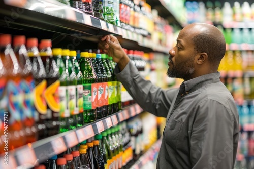 A man standing in front of a shelf filled with different bottled drinks, examining the selection with his hand reaching out photo