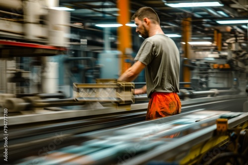 A man in a shirt and orange pants working diligently on a busy conveyor belt in a factory setting