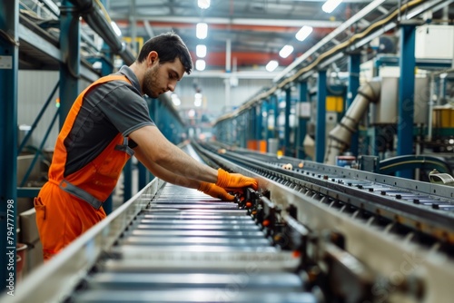 A man in an orange safety vest and pants works on a busy conveyor belt