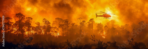 A helicopter flies over a forest fire