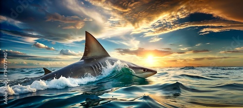 A shark is coming out from ocean showing its fin with sunset background photo